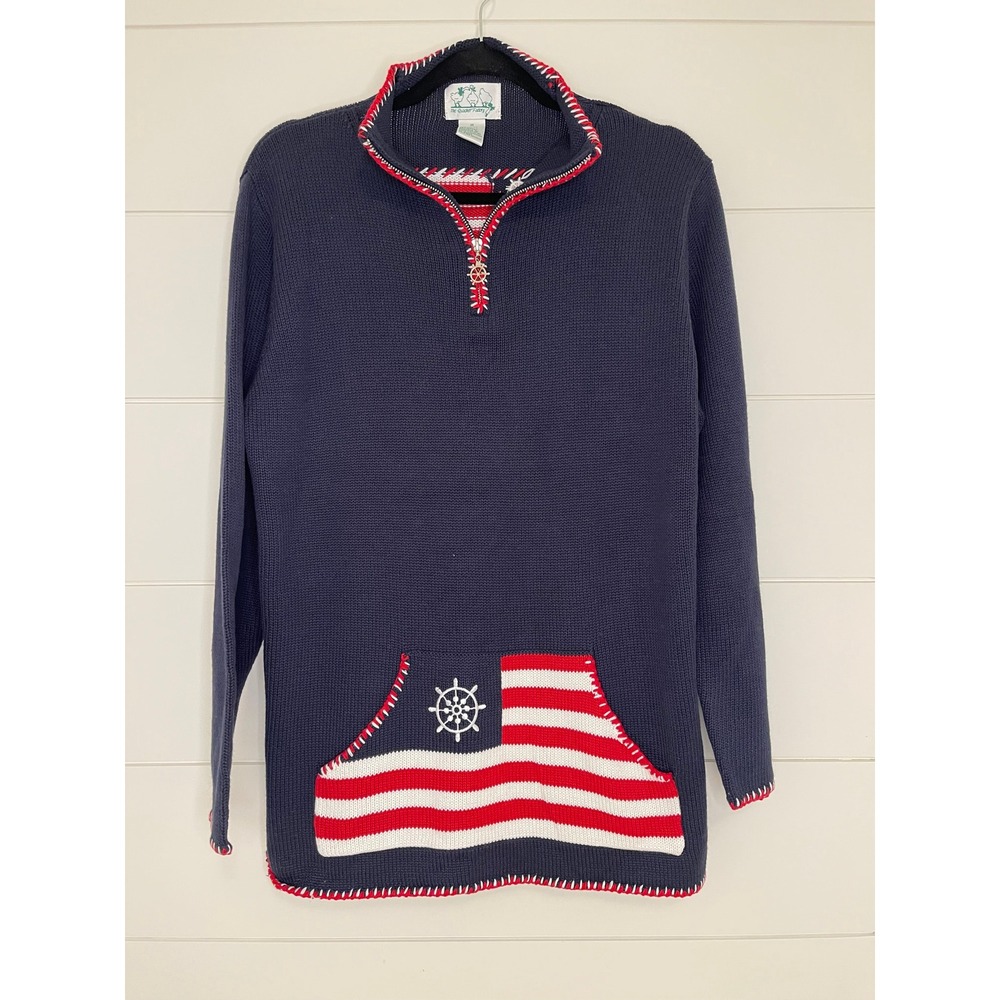 Quacker Factory Womens Navy Nautical Flag Quarter Zip Sweater Ship Wheel Trim M